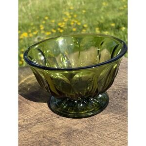 Vintage Anchor Hocking Glass Avocado Green Candy Dish Footed Pressed 1970's